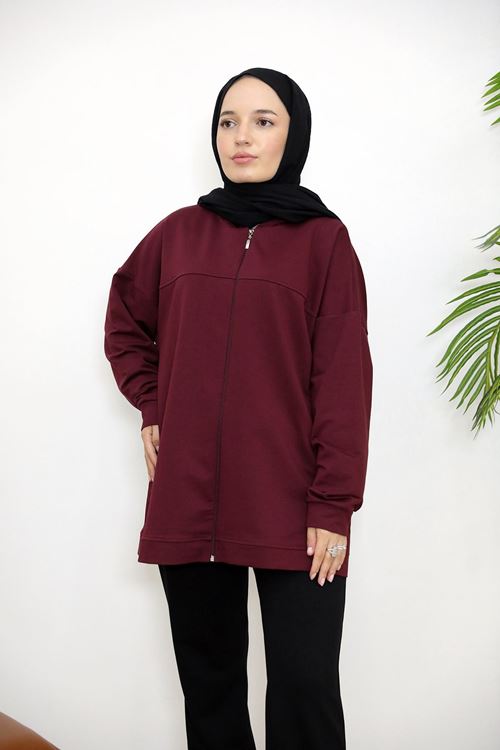 Kapşonlu Fermuar Detay Hırka-Bordo