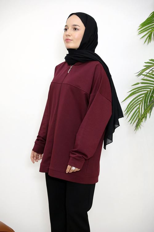 Kapşonlu Fermuar Detay Hırka-Bordo