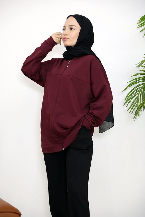 Kapşonlu Fermuar Detay Hırka-Bordo