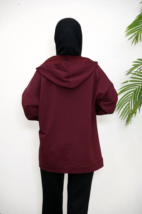 Kapşonlu Fermuar Detay Hırka-Bordo