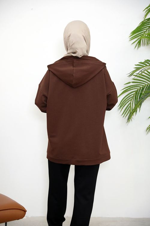 Kapşonlu Fermuar Detay Hırka-Kahve