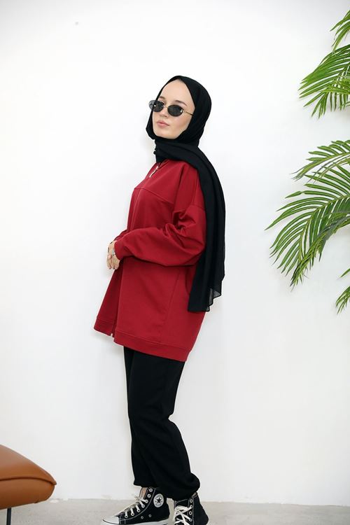 Kapşonlu Fermuar Detay Hırka-Kırmızı