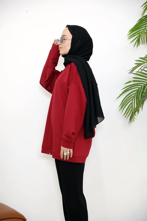 Kapşonlu Fermuar Detay Hırka-Kırmızı