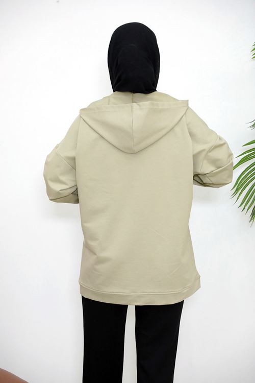 Kapşonlu Fermuar Detay Hırka-Mint