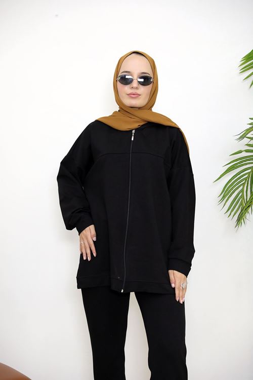 Kapşonlu Fermuar Detay Hırka-Siyah