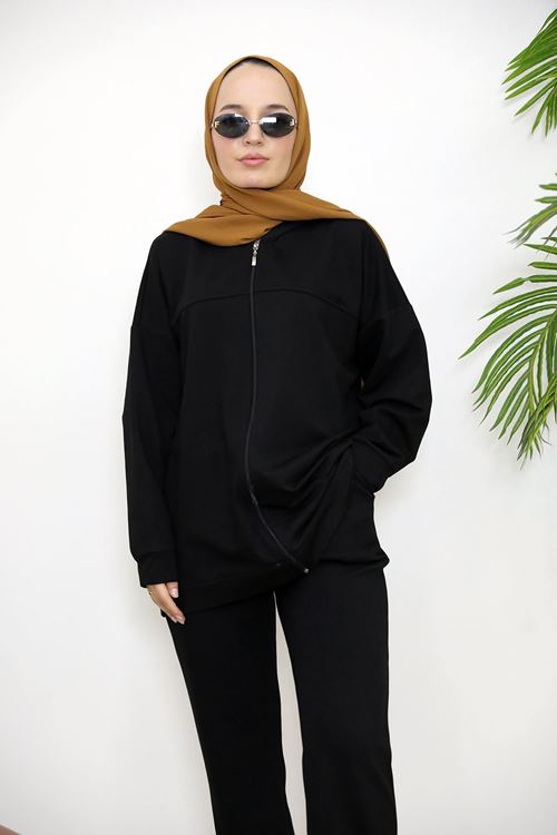 Kapşonlu Fermuar Detay Hırka-Siyah