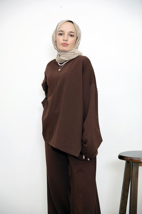 Yırtmaçlı İki İplik Pantolonlu Takım-Kahve