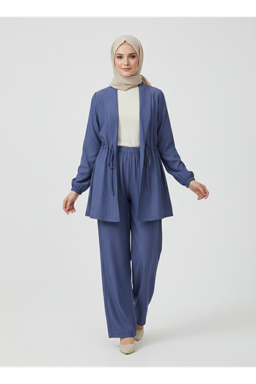 Kol Apolet Bel Tünel Pantolonlu Takım-Mavi