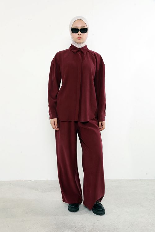 Arka Fermuar Detay Pantolonlu Takım-Bordo
