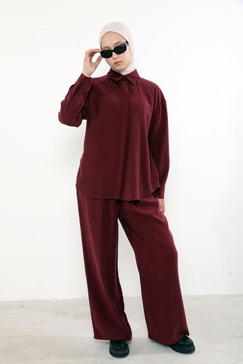 Arka Fermuar Detay Pantolonlu Takım-Bordo
