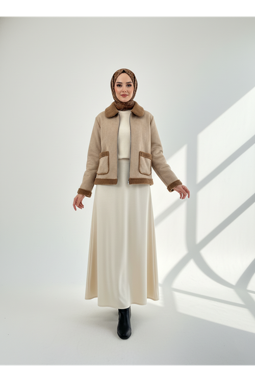 Metal Fermuar Detaylı Üstten Cepli  Kaban-Bej