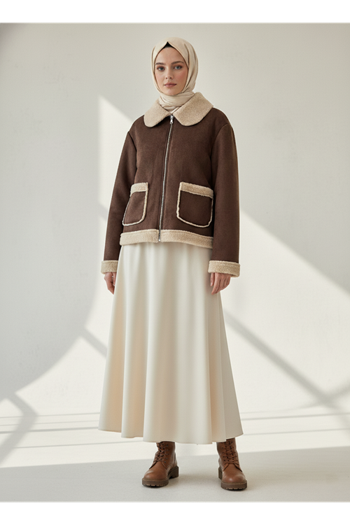 Metal Fermuar Detaylı Üstten Cepli  Kaban-Kahve