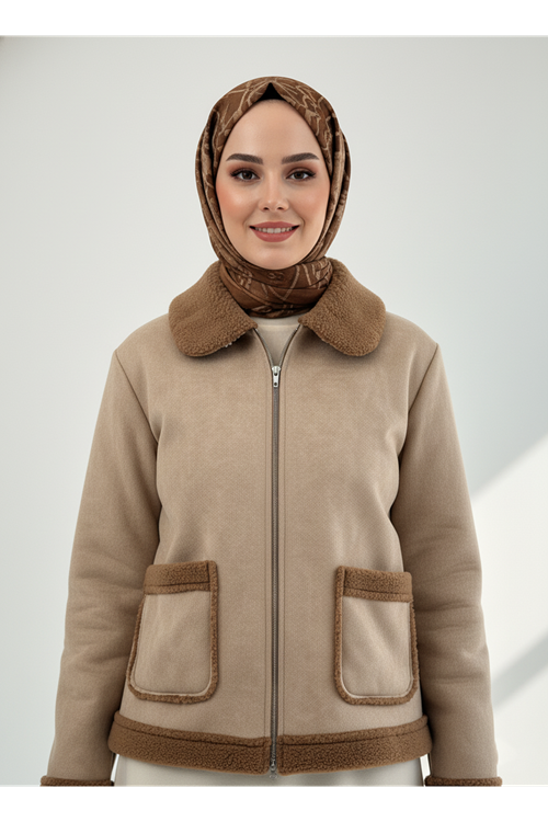 Metal Fermuar Detaylı Üstten Cepli  Kaban-Bej