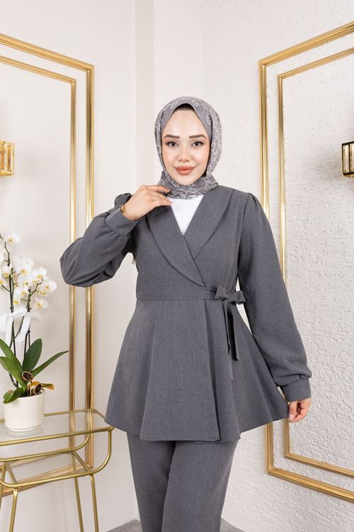 Kuşak Detay Ceketli Poliviskon Takım-Antrasit