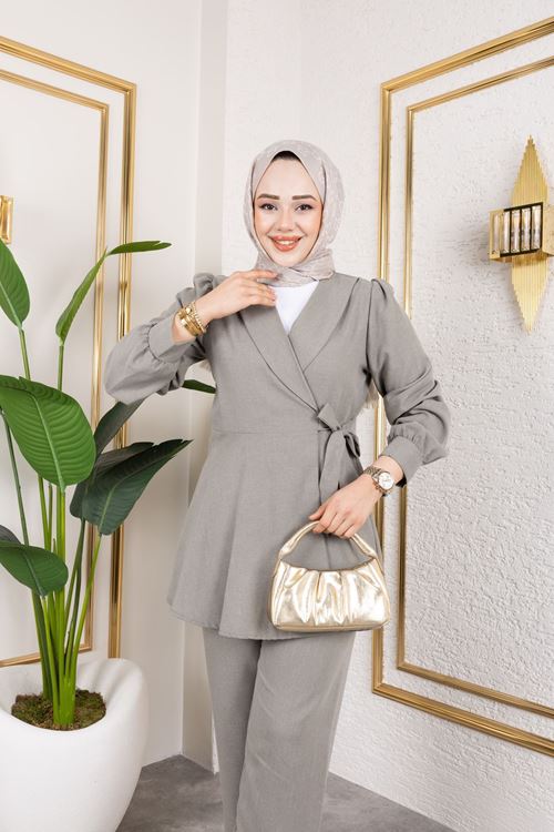 Kuşak Detay Ceketli Poliviskon Takım-Mint