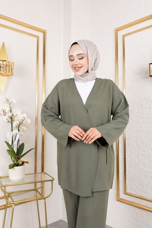 Yan Bağlamalı Pantolonlu Takım-Haki