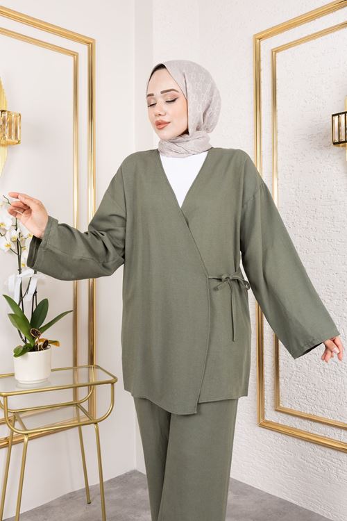 Yan Bağlamalı Pantolonlu Takım-Haki