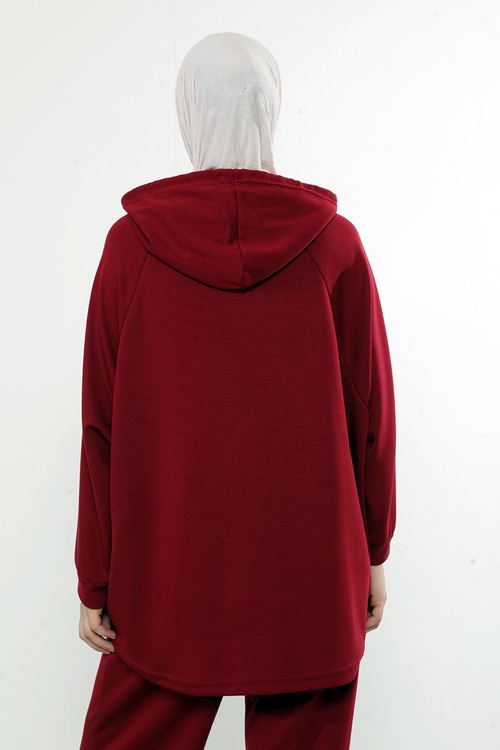 Kapşon Detay Pantolonlu Takım-Bordo