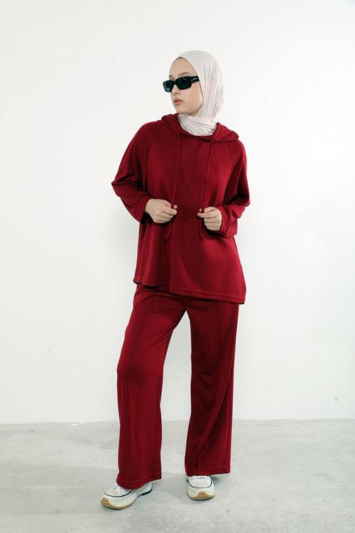 Kapşon Detay Pantolonlu Takım-Bordo