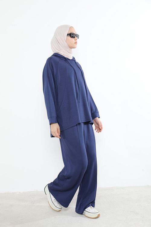 Kapşon Detay Pantolonlu Takım-Lacivert