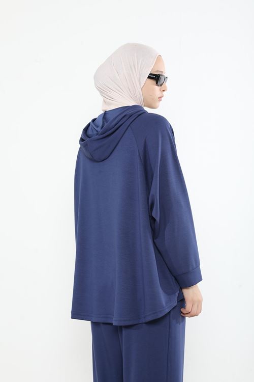 Kapşon Detay Pantolonlu Takım-Lacivert