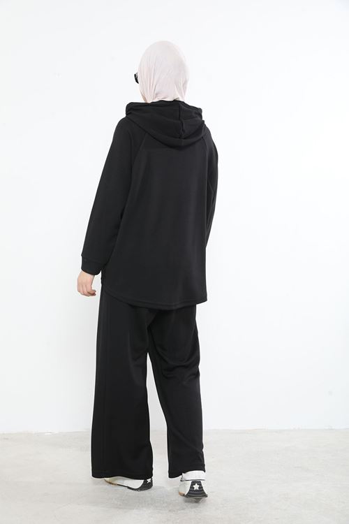 Kapşon Detay Pantolonlu Takım-Siyah