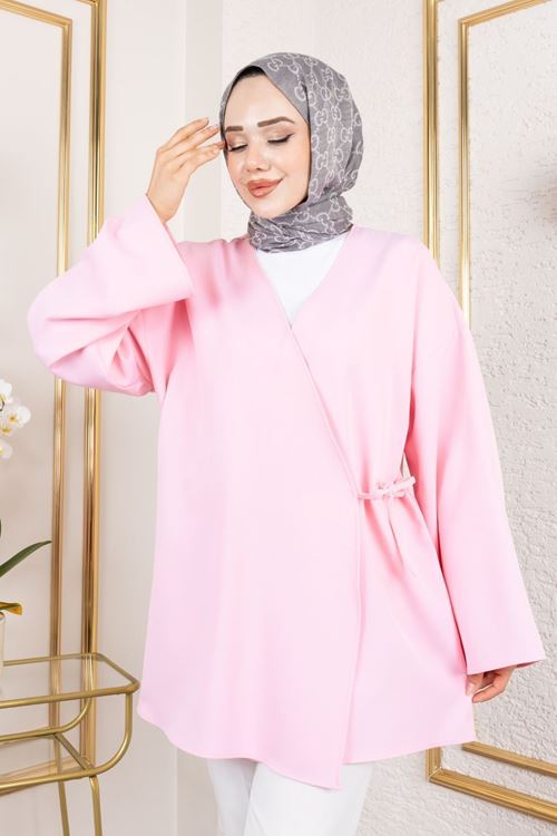 Yan Bağlamalı Atlas Tunik-Pembe