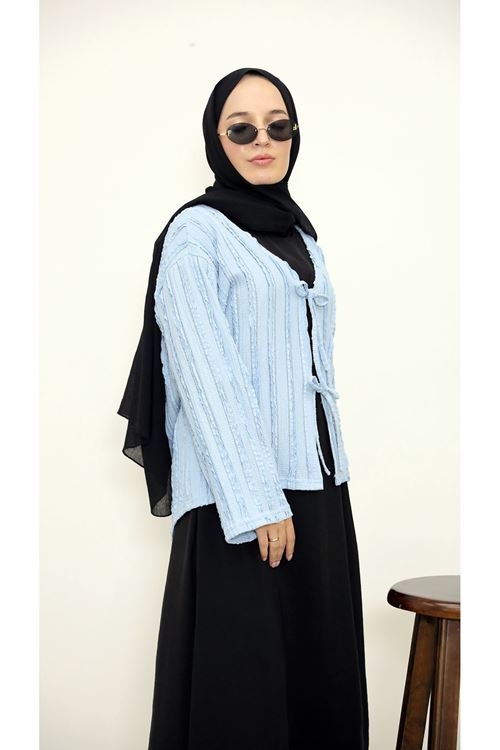 Pileli Ön İki Bağlamalı Tunik-Mavi