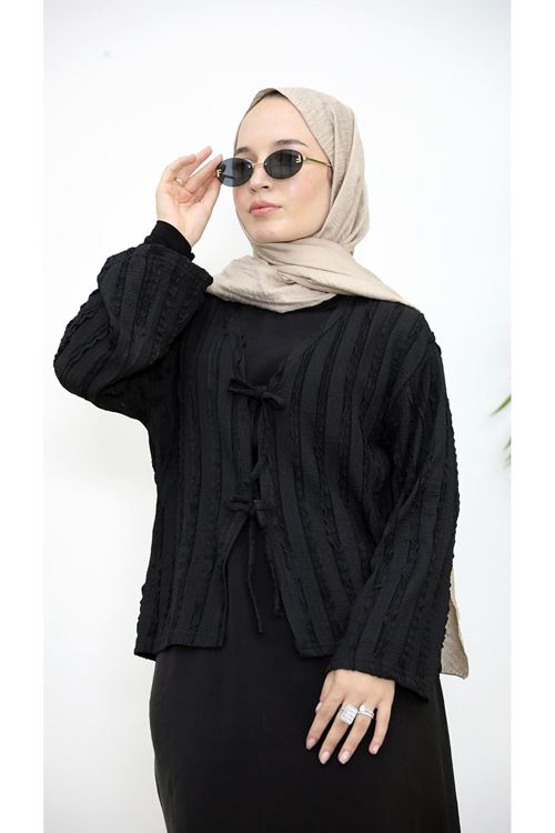 Pileli Ön İki Bağlamalı Tunik-Siyah