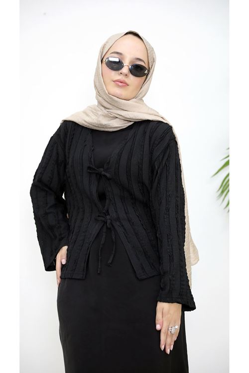 Pileli Ön İki Bağlamalı Tunik-Siyah