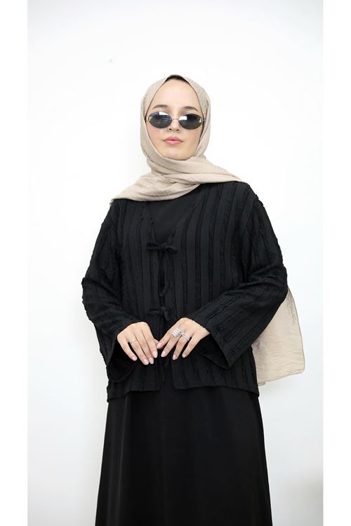 Pileli Ön İki Bağlamalı Tunik-Siyah