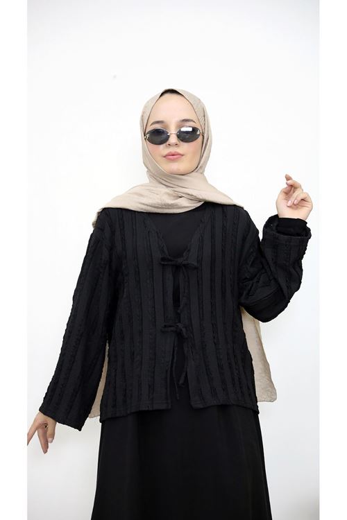 Pileli Ön İki Bağlamalı Tunik-Siyah