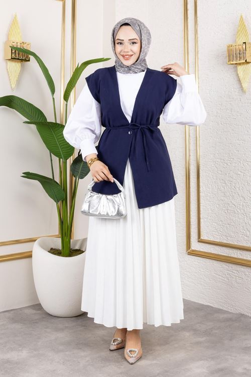 Tek Düğme Keten Yelek-Lacivert