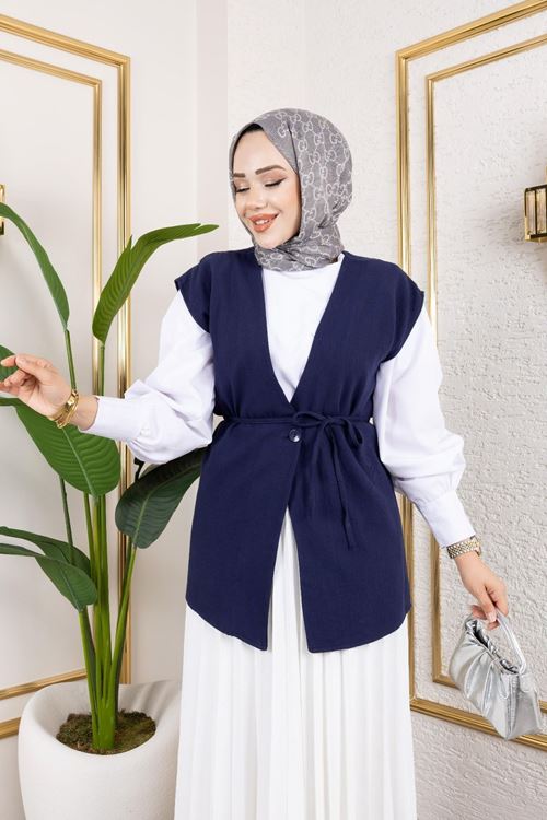 Tek Düğme Keten Yelek-Lacivert