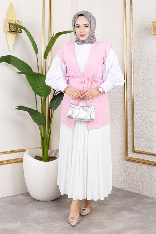 Tek Düğme Keten Yelek-Taş