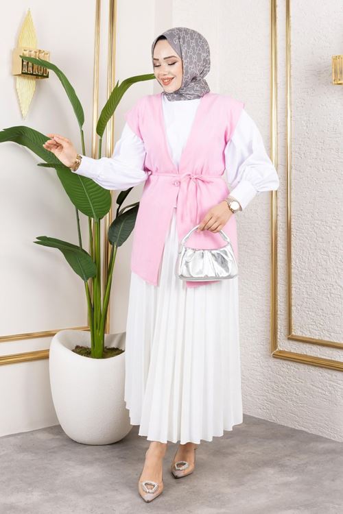 Tek Düğme Keten Yelek-Taş