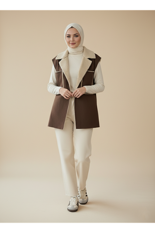Kürklü Süet Üstten Çift Cepli Yelek-Kahve