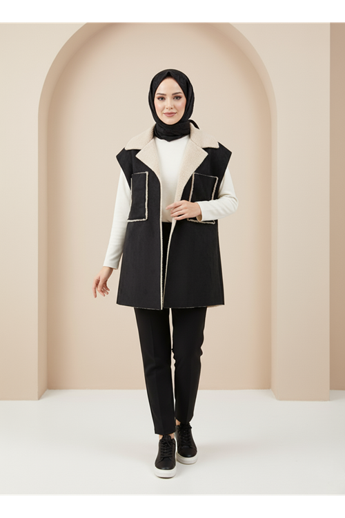 Kürklü Süet Üstten Çift Cepli Yelek-Siyah