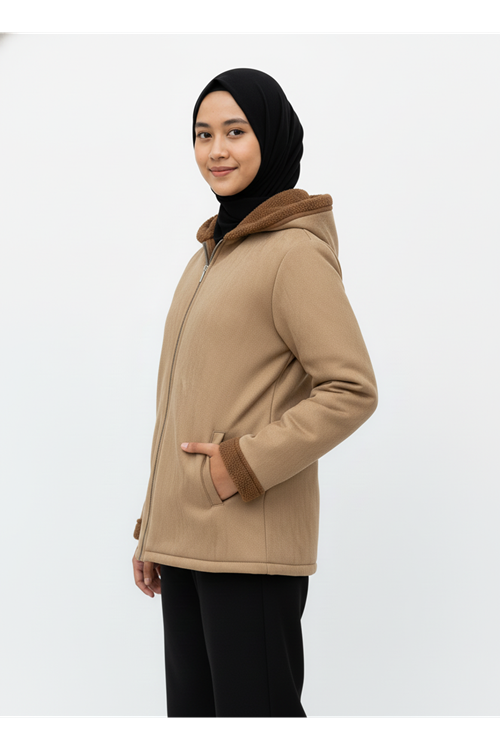Kapşonlu Metal Fermuarlı Ceket-Bej