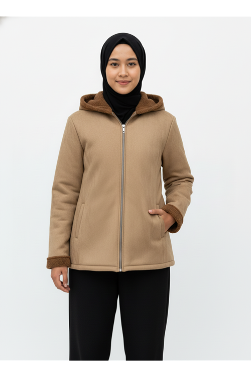 Kapşonlu Metal Fermuarlı Ceket-Bej