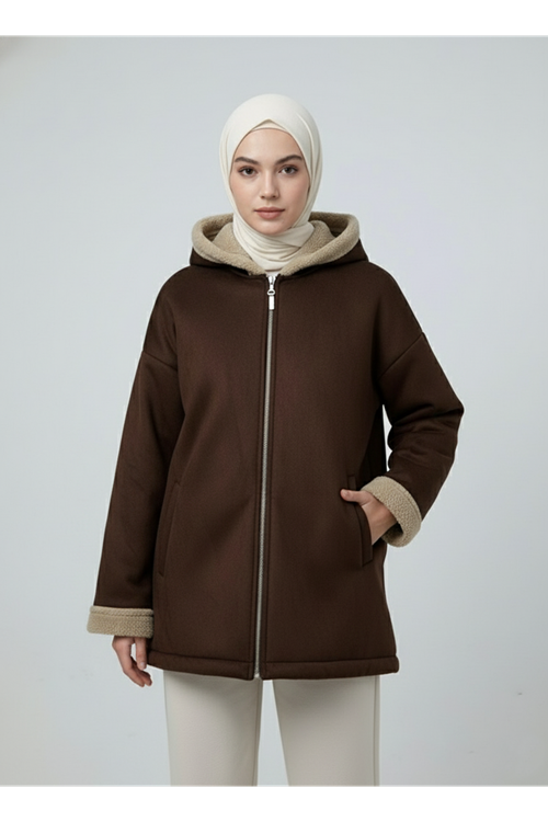 Kapşonlu Metal Fermuarlı Ceket-Kahve