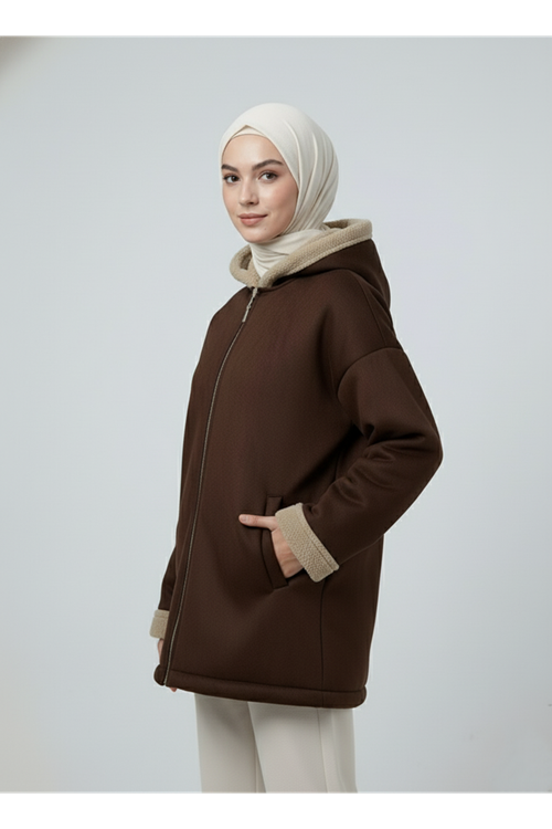 Kapşonlu Metal Fermuarlı Ceket-Kahve