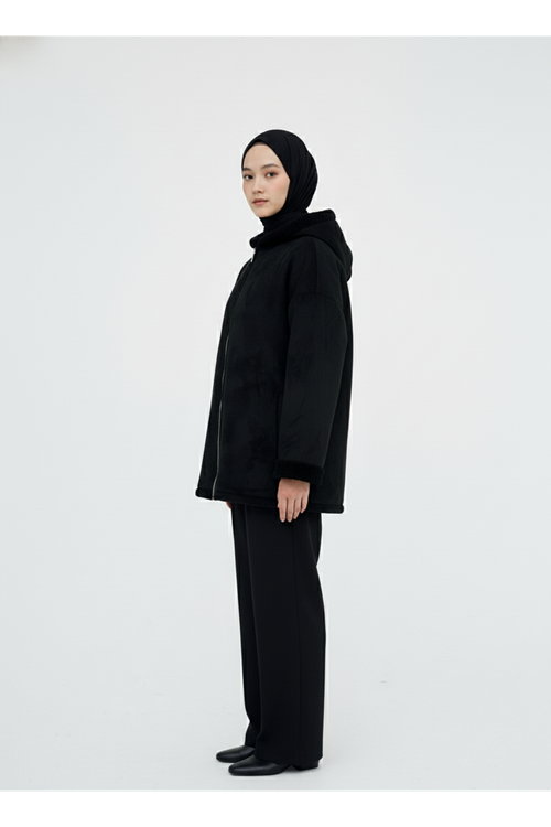 Kapşonlu Metal Fermuarlı Ceket-Siyah