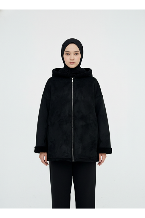 Kapşonlu Metal Fermuarlı Ceket-Siyah