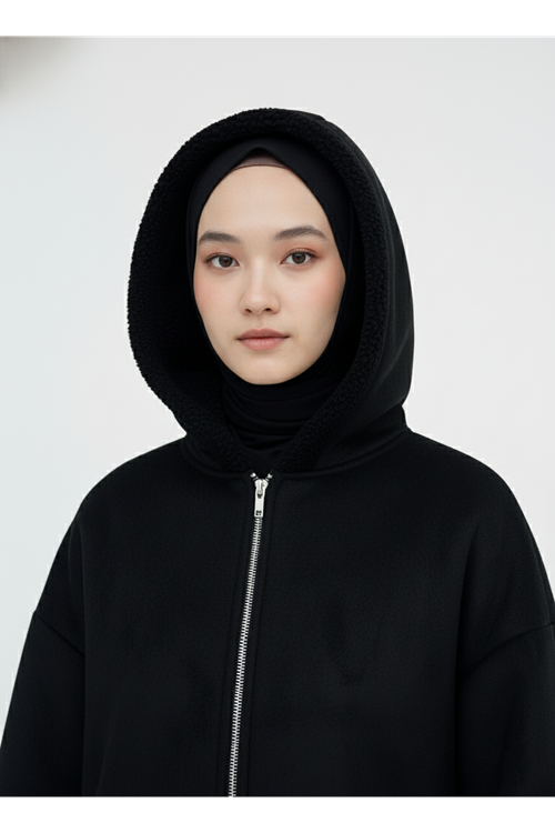 Kapşonlu Metal Fermuarlı Ceket-Siyah