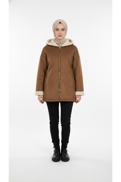 Kapşonlu Metal Fermuarlı Ceket-Taba