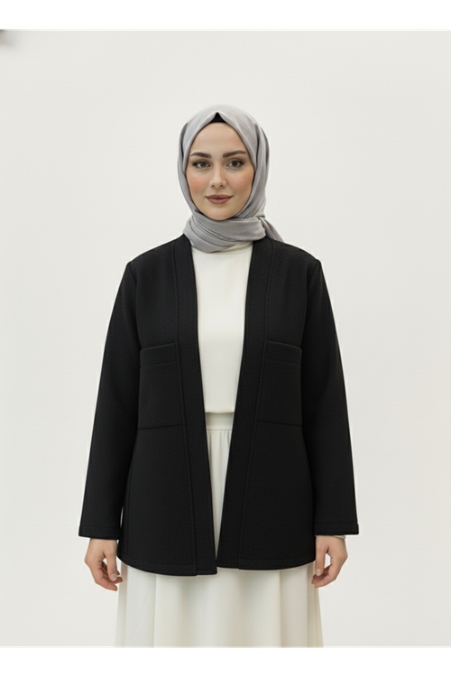 Üstten Çift Cep Kaşe Ceket-Siyah