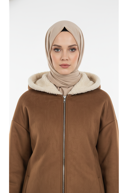 Kapşonlu Metal Fermuarlı Ceket-Taba