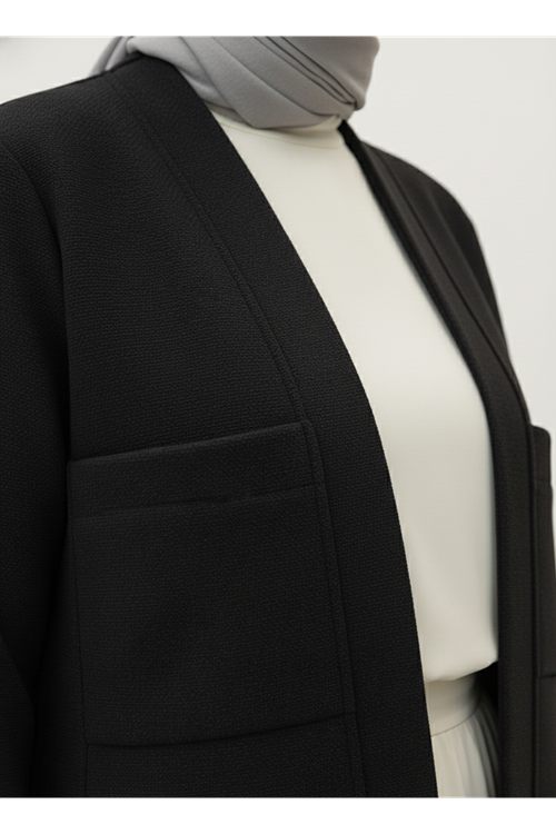 Üstten Çift Cep Kaşe Ceket-Siyah