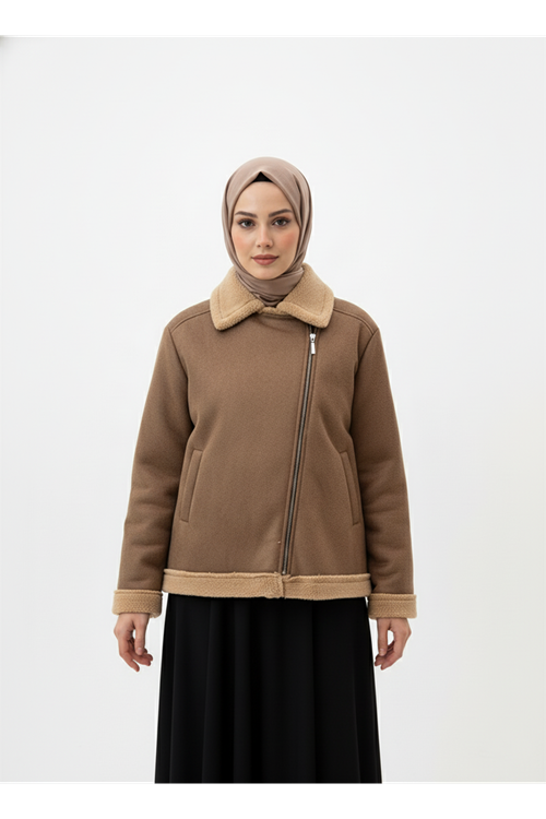 Kruvaze Metal  Fermuarlı Ceket-Bej